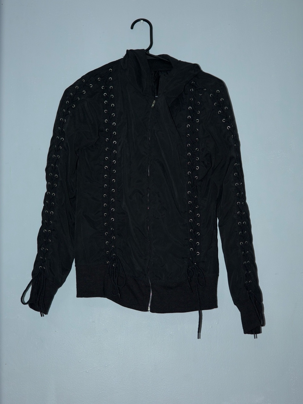 Black Hooded Lace-Up Eyelet Zip Jacket